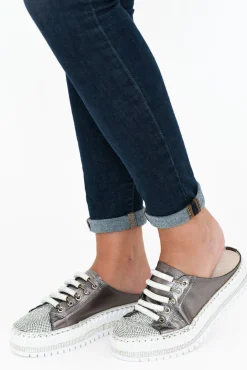 Leather Sneakers<Beaute Fashion Dawson Charcoal Leather Diamante Mule Sneaker