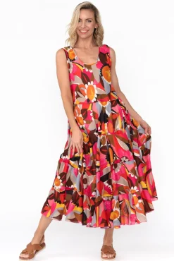 Cotton Dresses<Mozaic Daydream Pink Abstract Cotton Midi Dress