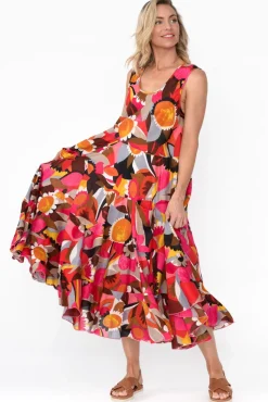 Cotton Dresses<Mozaic Daydream Pink Abstract Cotton Midi Dress