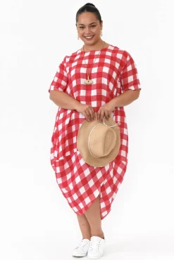 Linen Dresses<Donna Donna December Red Gingham Linen Pocket Dress