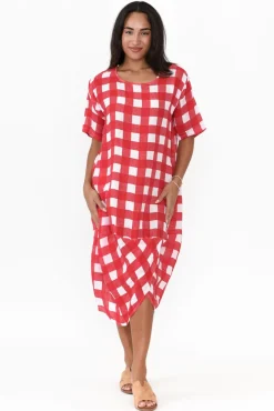 Linen Dresses<Donna Donna December Red Gingham Linen Pocket Dress
