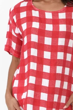 Linen Dresses<Donna Donna December Red Gingham Linen Pocket Dress