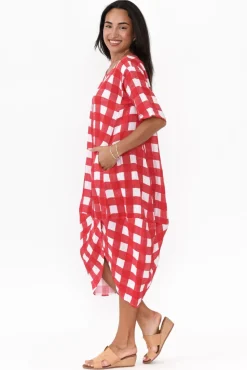 Linen Dresses<Donna Donna December Red Gingham Linen Pocket Dress