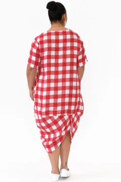 Linen Dresses<Donna Donna December Red Gingham Linen Pocket Dress
