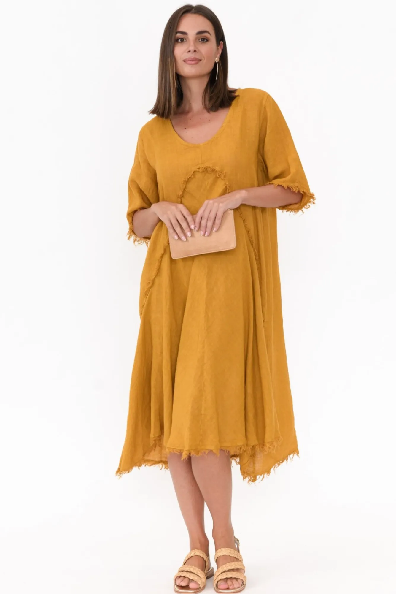 Linen Dresses<Donna Donna Desmond Mustard Linen Frayed Dress