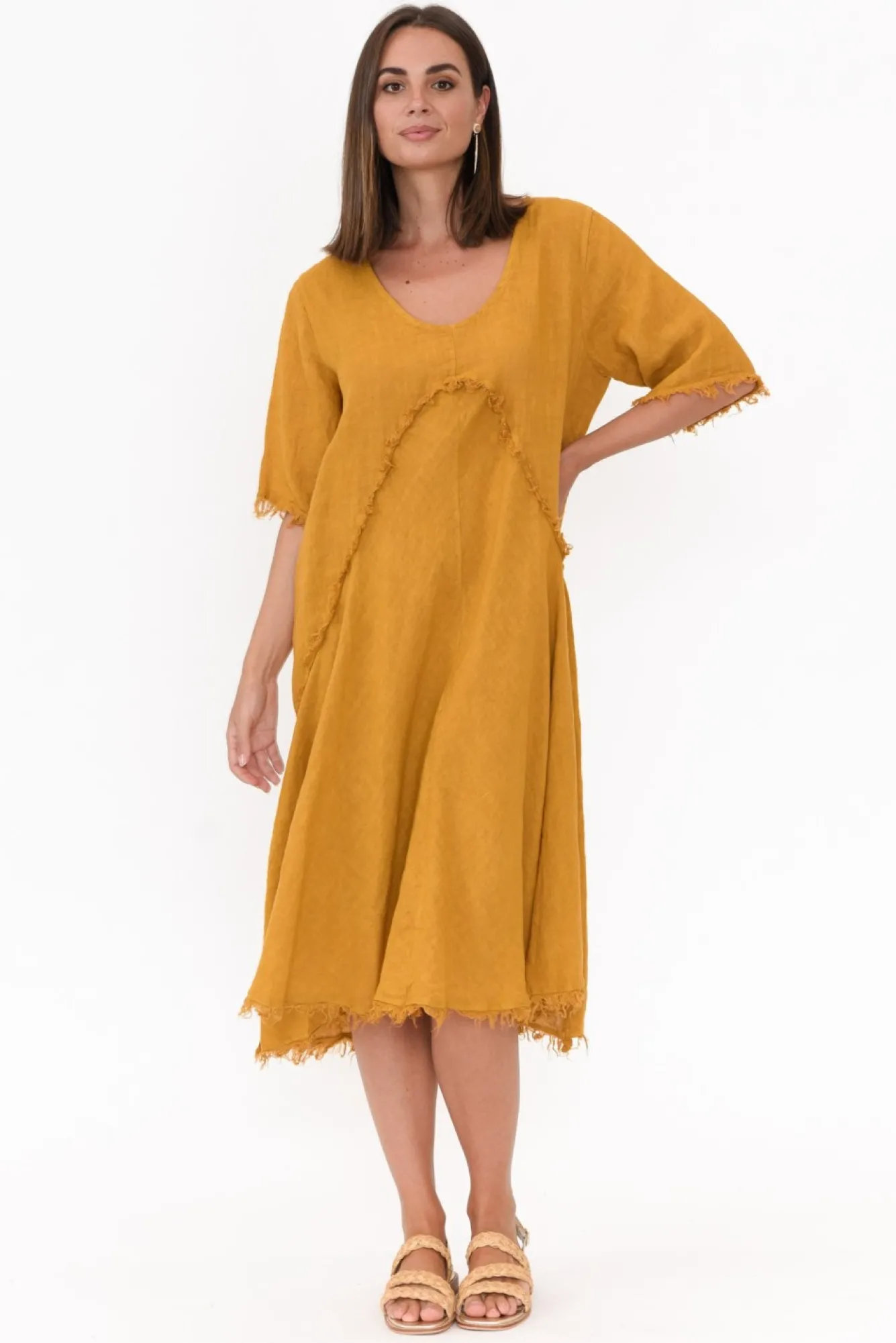 Linen Dresses<Donna Donna Desmond Mustard Linen Frayed Dress