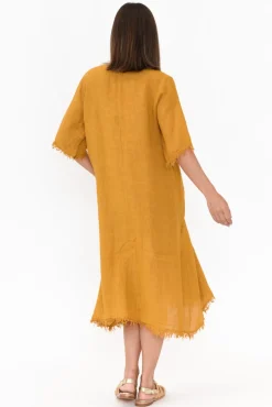 Linen Dresses<Donna Donna Desmond Mustard Linen Frayed Dress