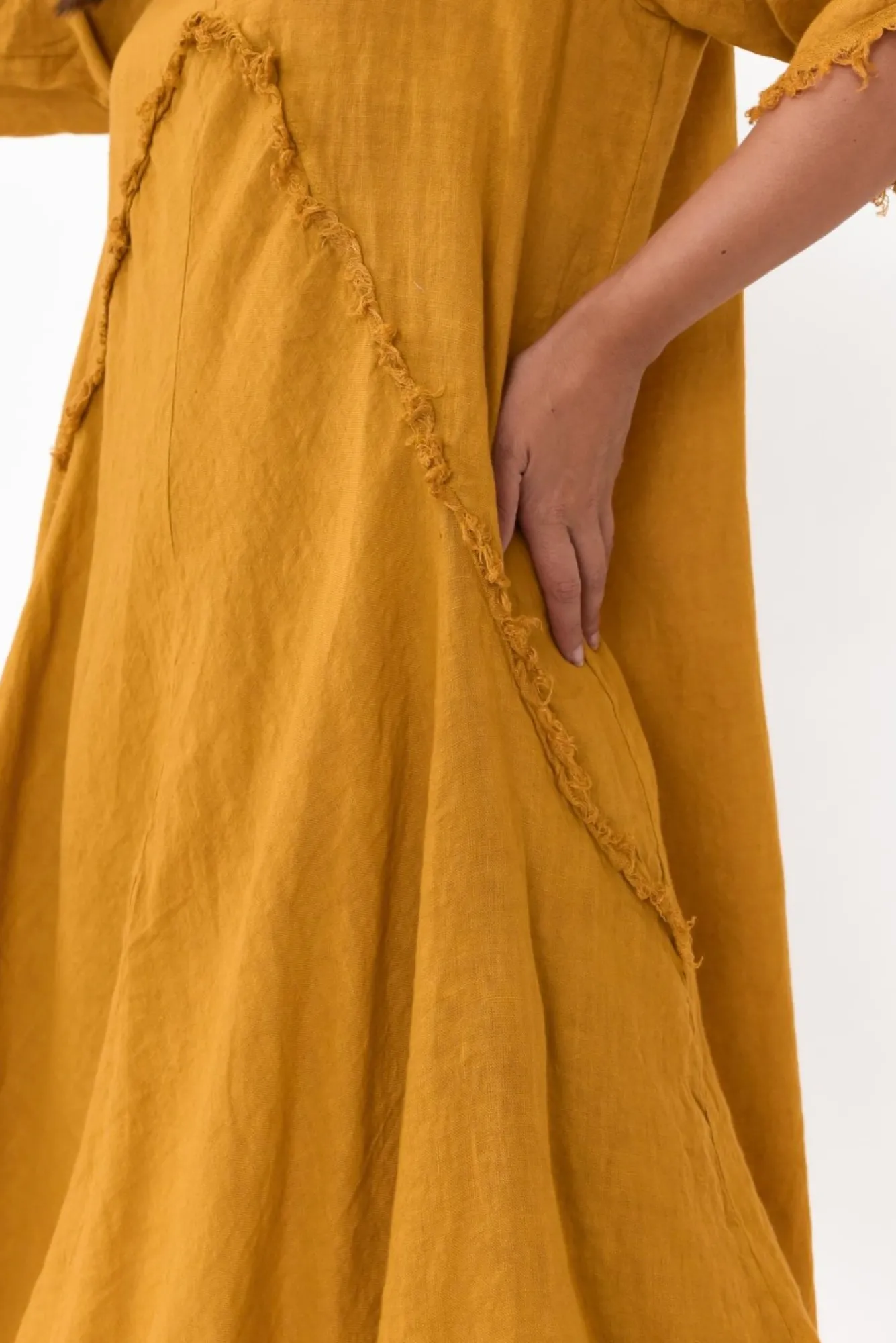 Linen Dresses<Donna Donna Desmond Mustard Linen Frayed Dress