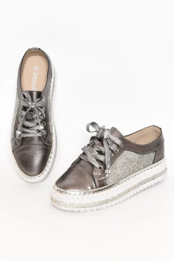 Leather Sneakers<Beaute Fashion Devin Charcoal Leather Diamante Sneaker