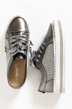 Leather Sneakers<Beaute Fashion Devin Charcoal Leather Diamante Sneaker
