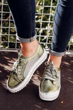 Leather Sneakers<Beaute Fashion Devin Khaki Leather Diamante Sneaker