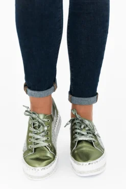 Leather Sneakers<Beaute Fashion Devin Khaki Leather Diamante Sneaker