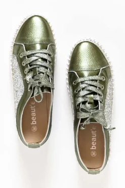 Leather Sneakers<Beaute Fashion Devin Khaki Leather Diamante Sneaker