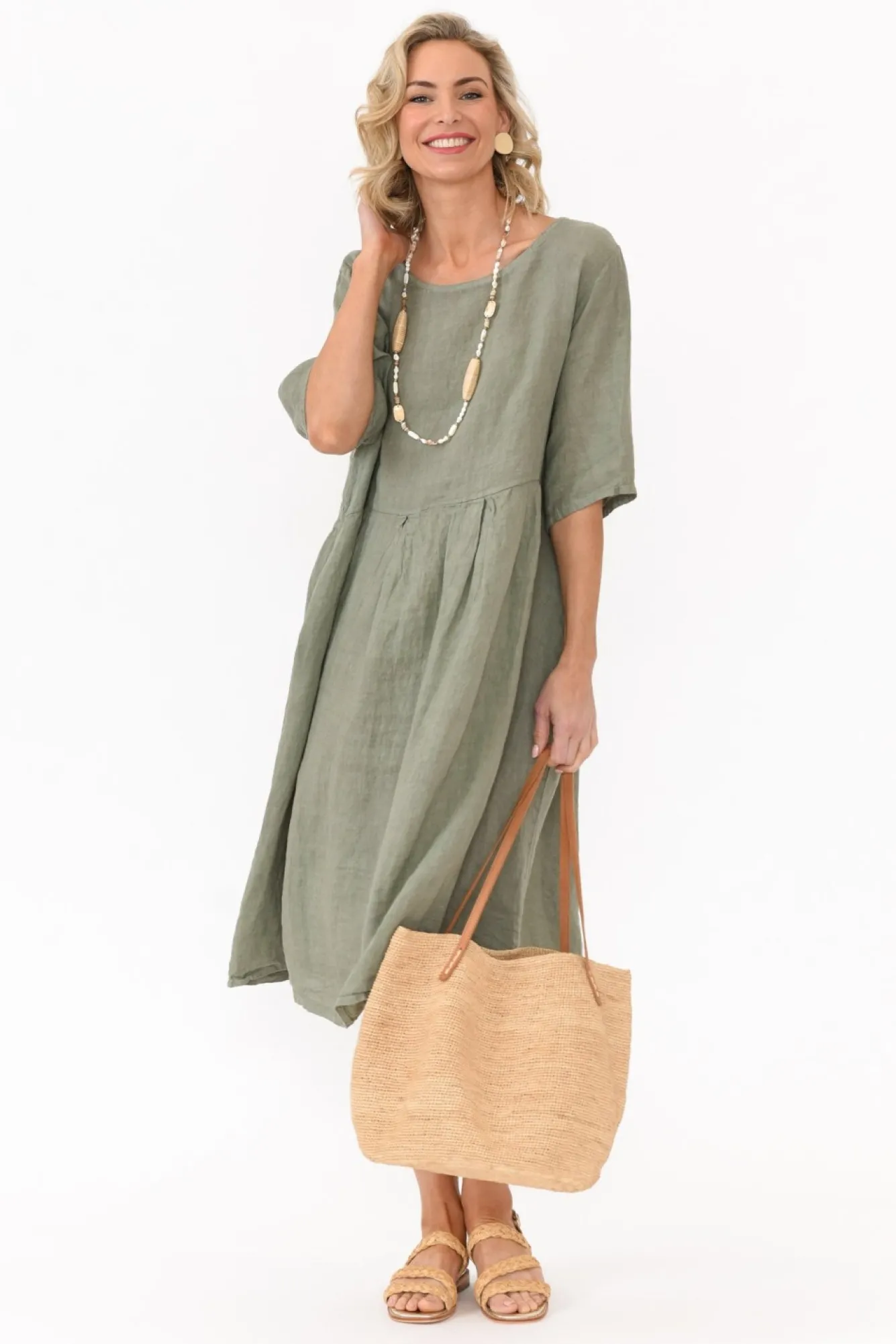 Linen Dresses<Donna Donna Dexter Khaki Linen Swing Dress