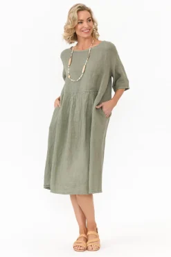 Linen Dresses<Donna Donna Dexter Khaki Linen Swing Dress