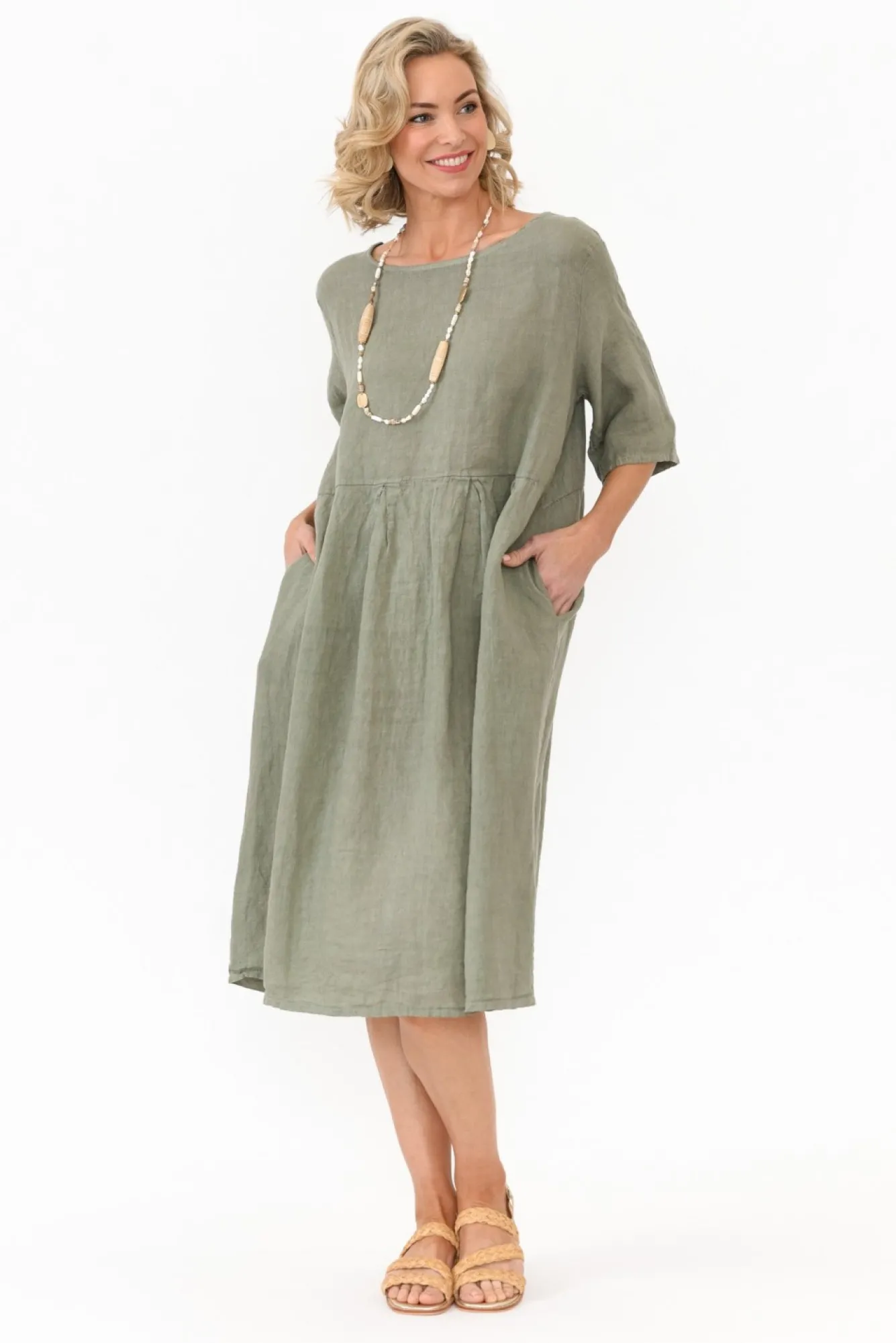 Linen Dresses<Donna Donna Dexter Khaki Linen Swing Dress
