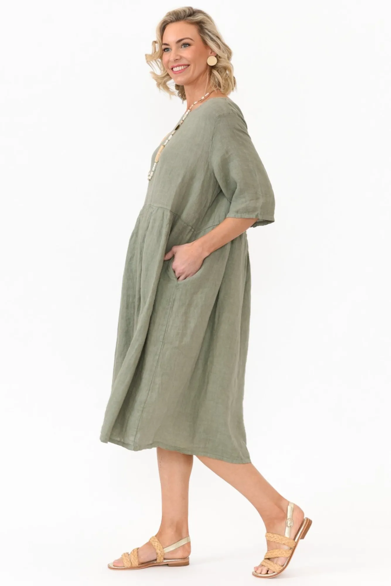 Linen Dresses<Donna Donna Dexter Khaki Linen Swing Dress