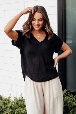 Linen Tops<La Strada Dorian Black Linen Cotton Top