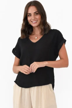 Linen Tops<La Strada Dorian Black Linen Cotton Top
