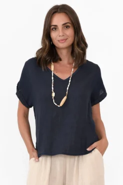 Cotton Tops<La Strada Dorian Navy Linen Cotton Top