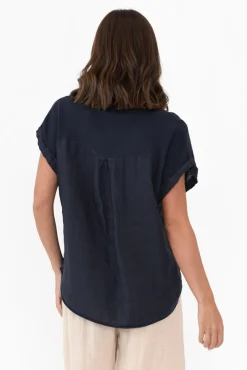 Cotton Tops<La Strada Dorian Navy Linen Cotton Top