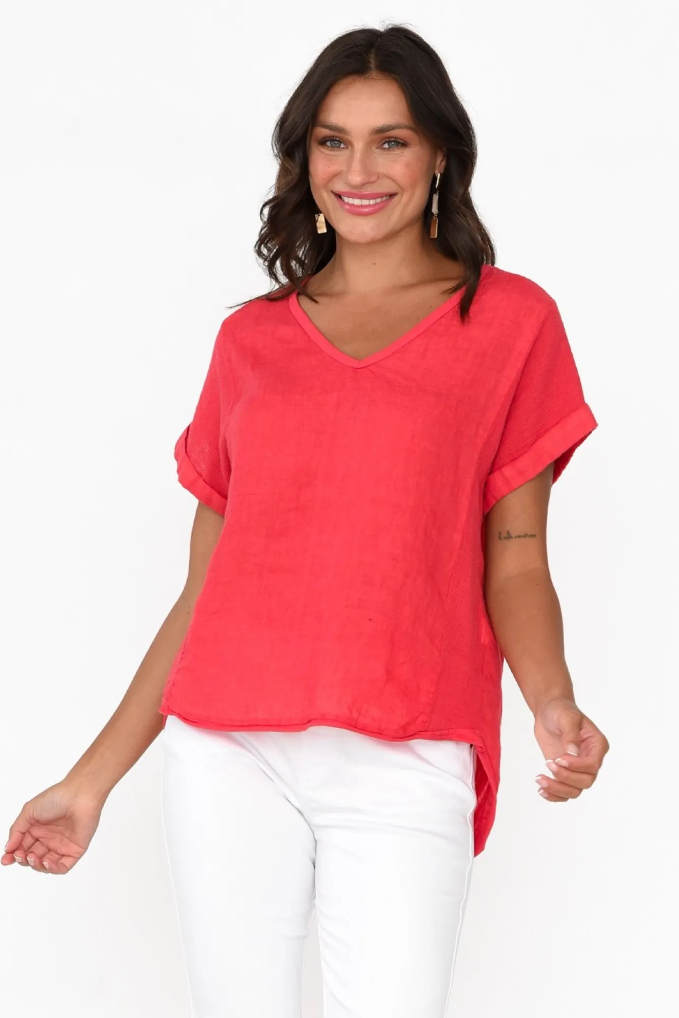 Sleeved Tops<La Strada Dorian Red Linen Cotton Top