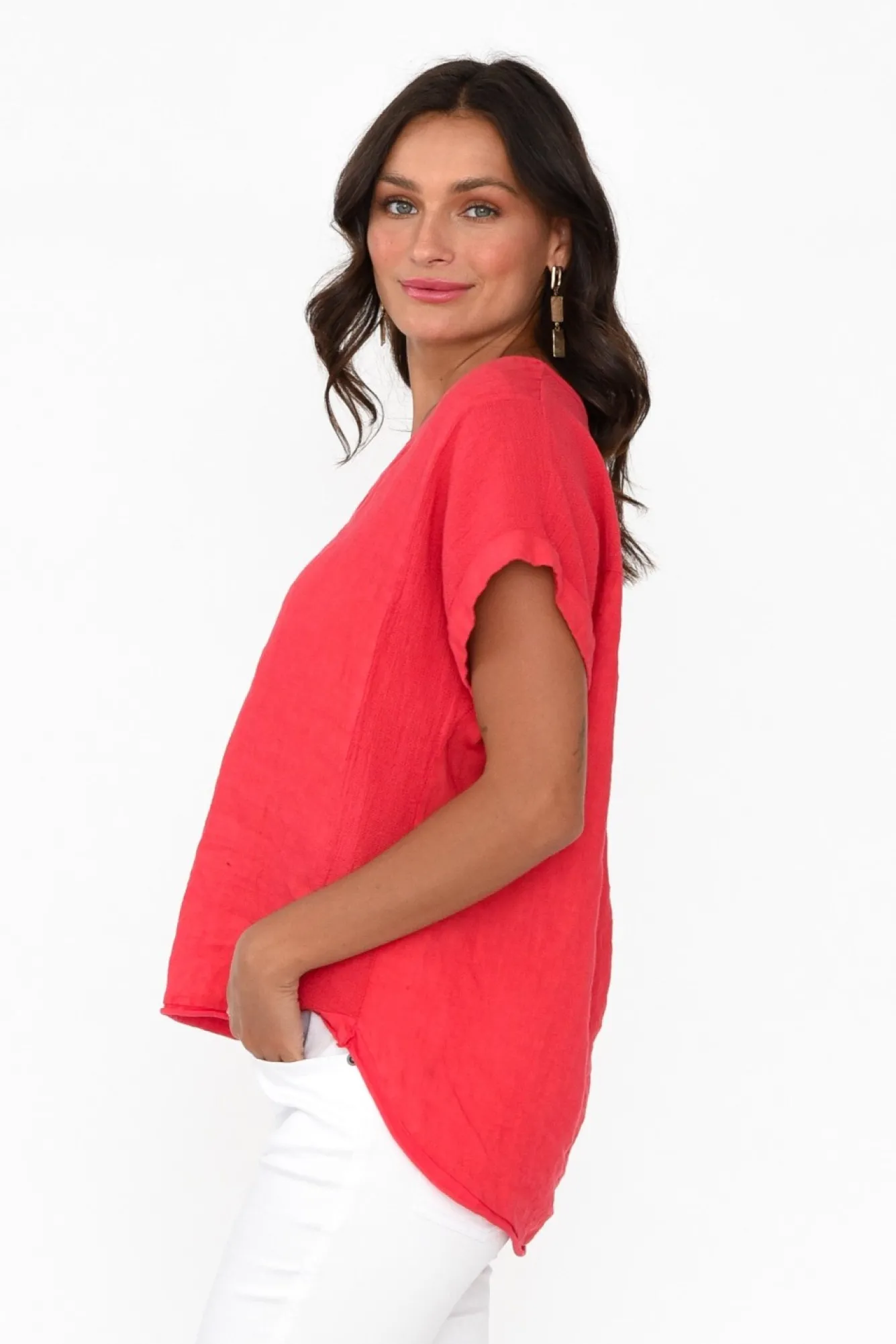 Sleeved Tops<La Strada Dorian Red Linen Cotton Top