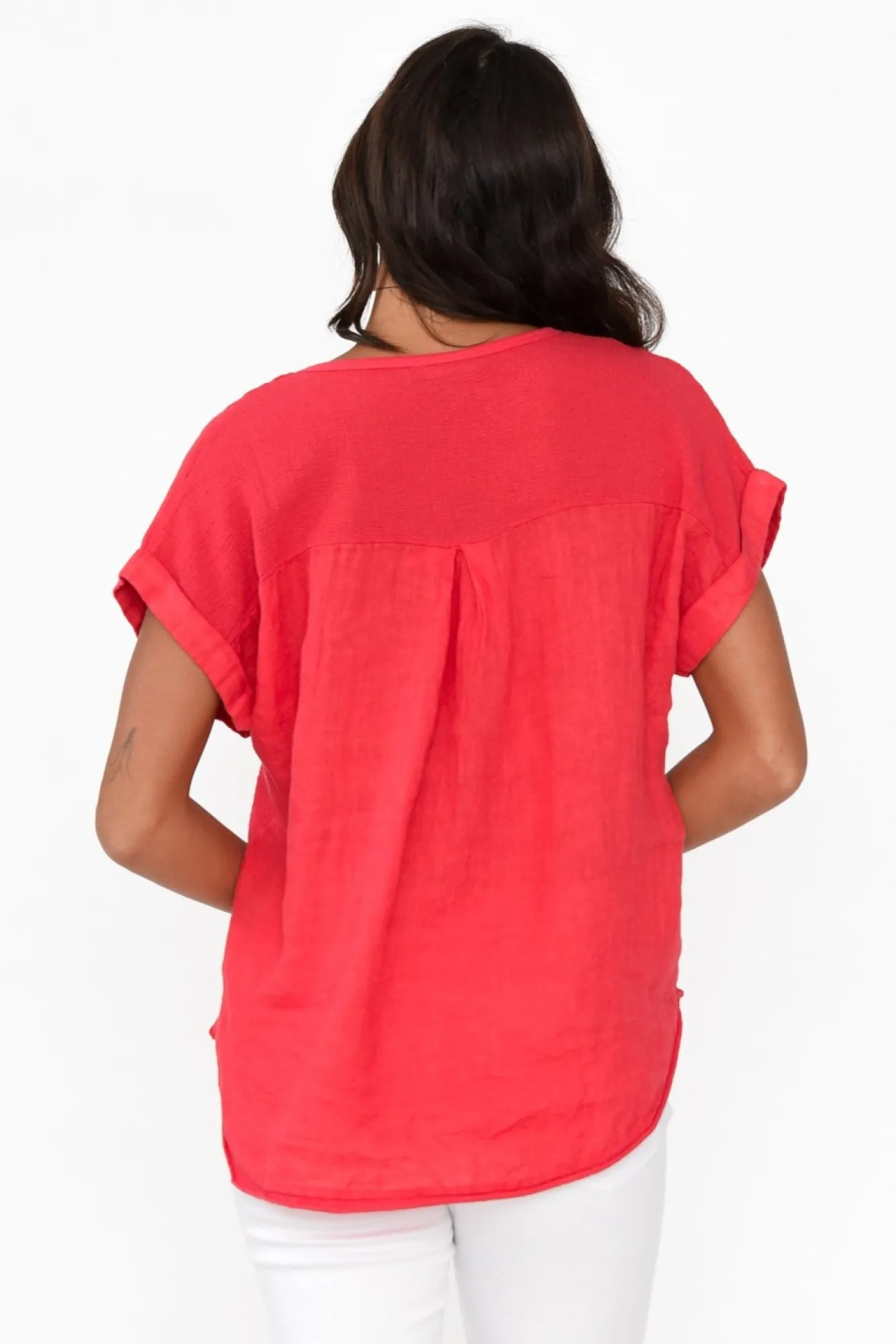 Sleeved Tops<La Strada Dorian Red Linen Cotton Top