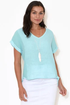 Cotton Tops<La Strada Dorian Turquoise Linen Cotton Top