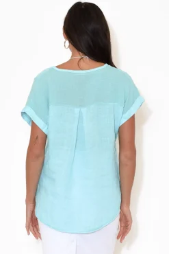 Cotton Tops<La Strada Dorian Turquoise Linen Cotton Top