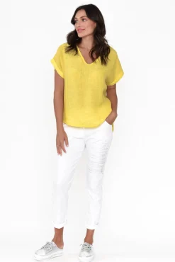 Sleeved Tops<La Strada Dorian Yellow Linen Cotton Top