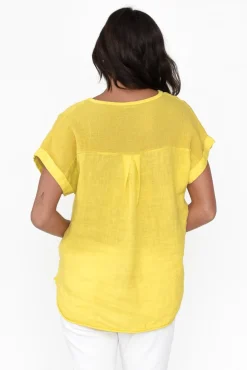 Sleeved Tops<La Strada Dorian Yellow Linen Cotton Top