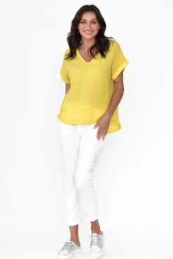 Sleeved Tops<La Strada Dorian Yellow Linen Cotton Top