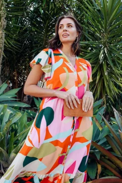 Maxi Dresses<Label of Love Edna Red Abstract Maxi Shirt Dress