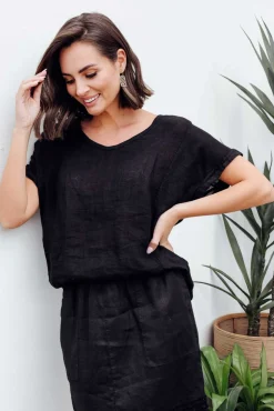 Linen Tops<Talia Benson Effie Black Linen Tee