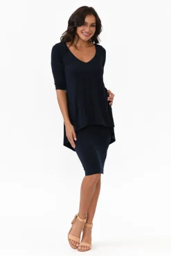 Below Knee Dresses<Illium Elara Navy V Neck Layered Dress