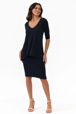 Below Knee Dresses<Illium Elara Navy V Neck Layered Dress