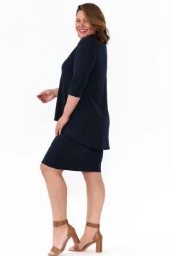 Below Knee Dresses<Illium Elara Navy V Neck Layered Dress