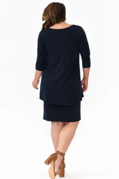 Below Knee Dresses<Illium Elara Navy V Neck Layered Dress