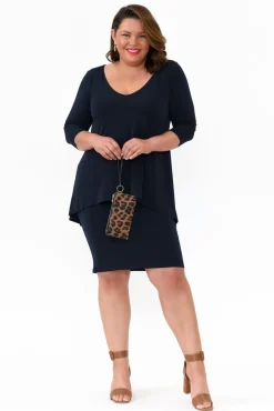 Below Knee Dresses<Illium Elara Navy V Neck Layered Dress