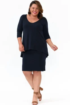 Below Knee Dresses<Illium Elara Navy V Neck Layered Dress