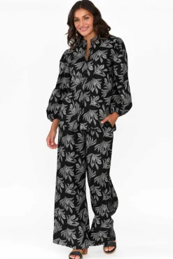 Pants<Stella Gemma Eleri Black Palm Linen Wide Leg Pant