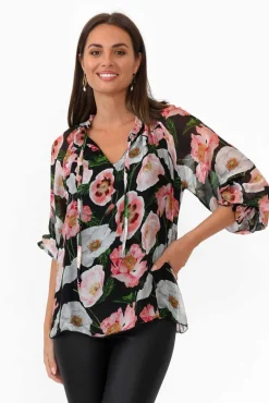 Sleeved Tops<La Strada Eliska Black Floral Silk Top