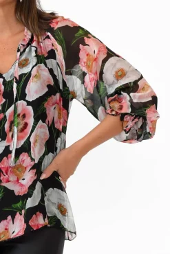 Sleeved Tops<La Strada Eliska Black Floral Silk Top