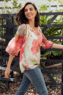 Sleeved Tops<La Strada Eliska Pink Flower Silk Top
