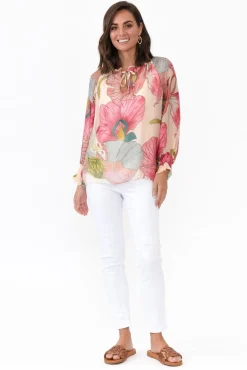 Sleeved Tops<La Strada Eliska Pink Flower Silk Top