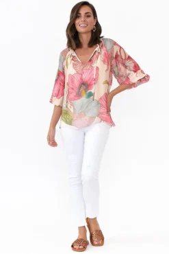 Sleeved Tops<La Strada Eliska Pink Flower Silk Top