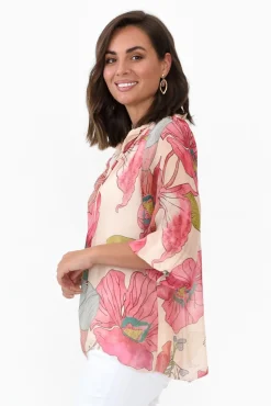 Sleeved Tops<La Strada Eliska Pink Flower Silk Top