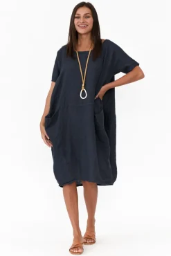 Linen Dresses<Talia Benson Ella Navy Linen Dress