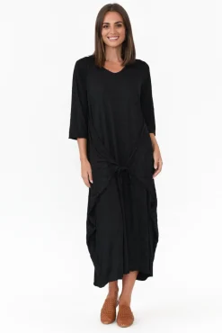 Cotton Dresses<Cotton Village Ellis Black Crinkle Cotton Tie Dress